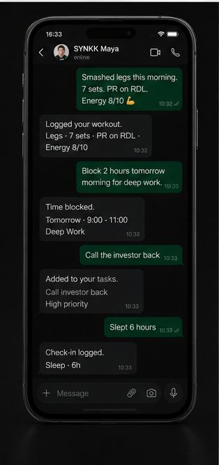Maya on WhatsApp: a workout, a time block, a task and a sleep check-in filed from plain messages